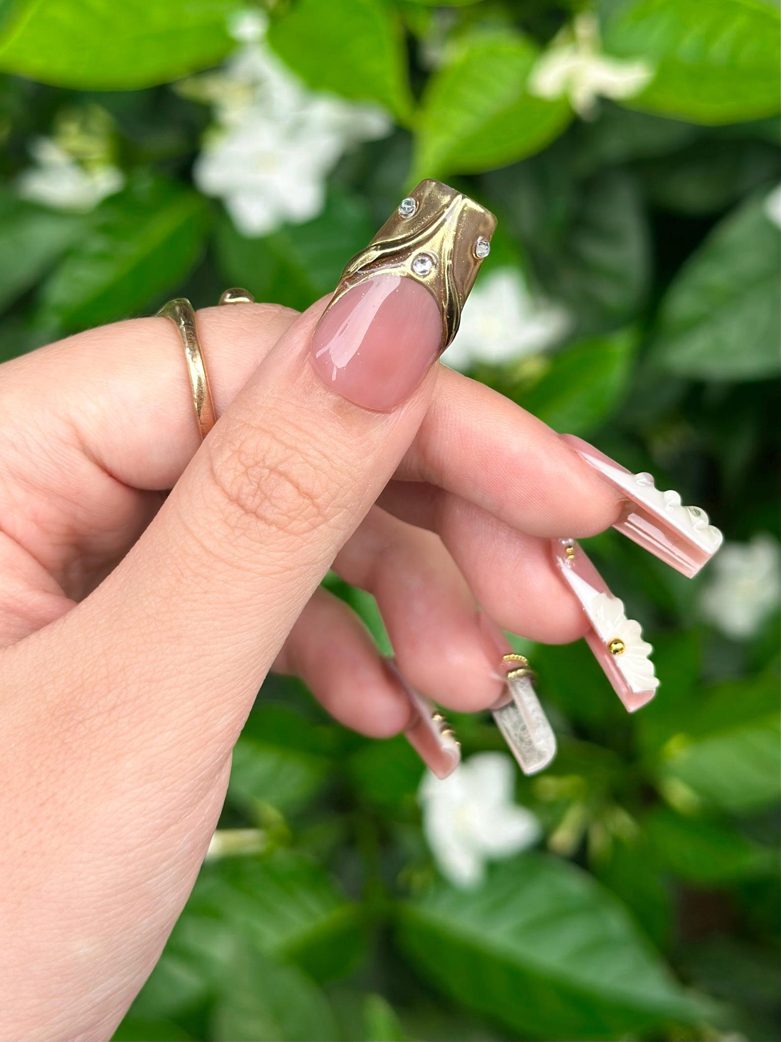 Royal Balletcore Press On Nails | Luxury Pearl Bow Fake Nails | Handpainted Gold French Tip Nails |Elegant Bridal Nails Reusable | JB343IC