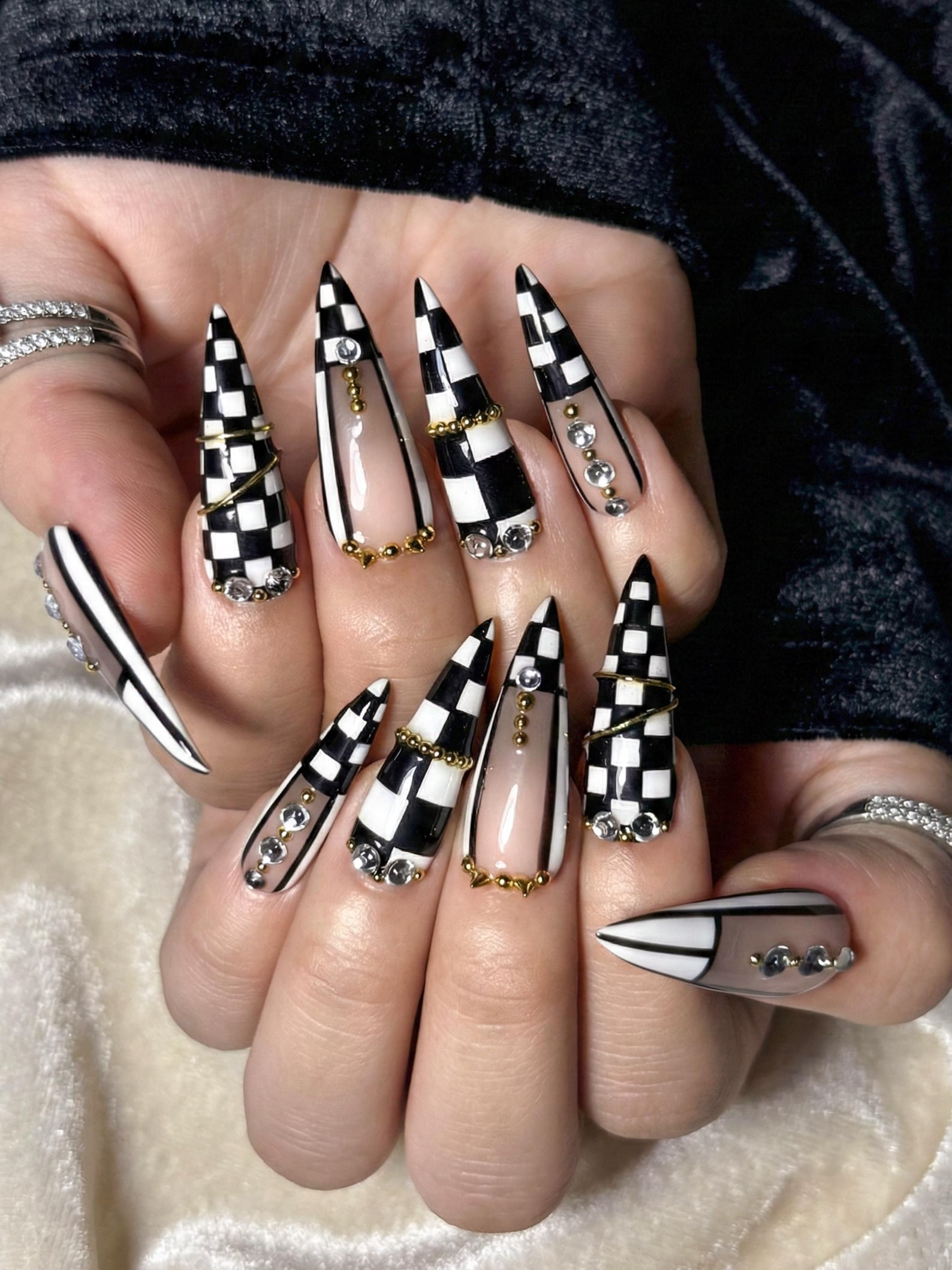 Black & White Gothic Press On Nails | Luxury Girl Stiletto Nail Art | Gold Accent Checker Nails | High Fashion Press Ons | HB1264EC