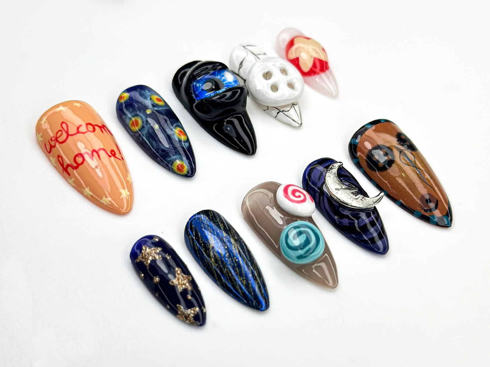 Coraline Other World Press On Nails | Button Eyes Nail Art | Spooky Fantasy Nails | Handmade 3D Nail Set | Halloween Horror Nails | JB868H