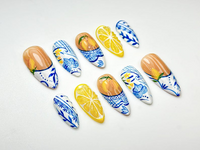 Lemon Garden Press On Nails | Blue White Floral Ceramic Nail Art | Summer Lemon Zest Nails | Fresh Fruit Nails | Fresh Nails | JC934HK
