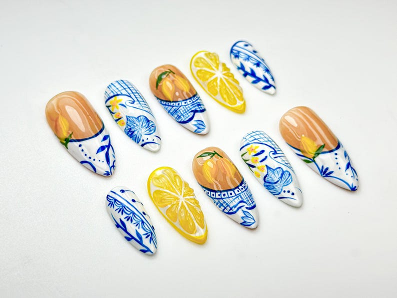 Lemon Garden Press On Nails | Blue White Floral Ceramic Nail Art | Summer Lemon Zest Nails | Fresh Fruit Nails | Fresh Nails | JC934HK