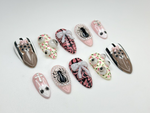 Creepy Cute Teddy Press On Nails | 3D Bear & Bow Nails | Gothic Pastel Floral Nail Art | Soft Horror Pink Press Ons | JB907HC