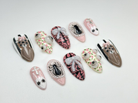 Creepy Cute Teddy Press On Nails | 3D Bear & Bow Nails | Gothic Pastel Floral Nail Art | Soft Horror Pink Press Ons | JB907HC