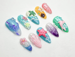 Tropical Starfish Press On Nails | Summer Ocean Beach Nail Set | 3D Starfish & Hibiscus Nail Art | Vibrant Mermaidcore Press Ons | JB794HC