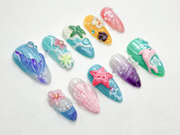 Tropical Starfish Press On Nails | Summer Ocean Beach Nail Set | 3D Starfish & Hibiscus Nail Art | Vibrant Mermaidcore Press Ons | JB794HC