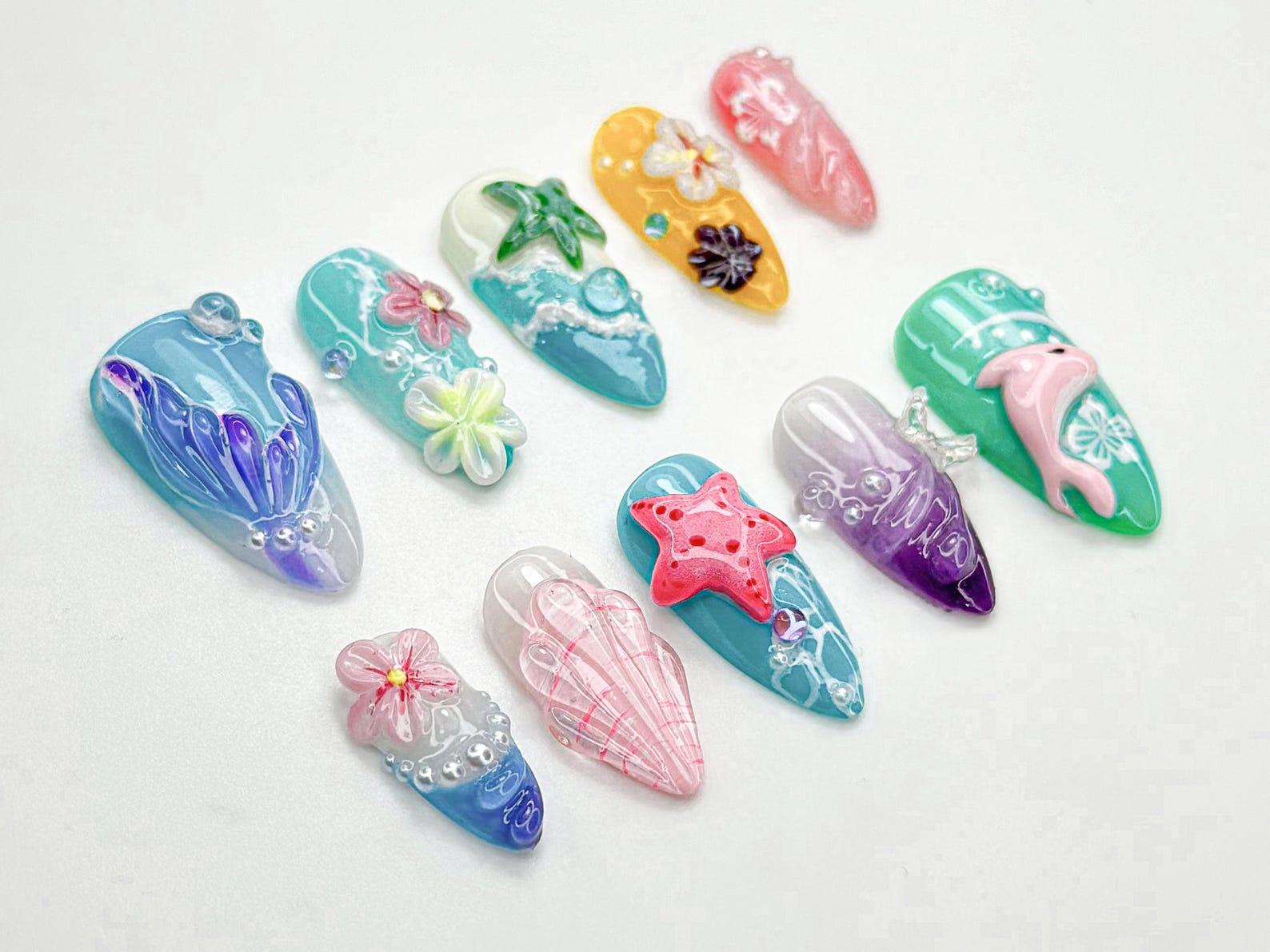 Tropical Starfish Press On Nails | Summer Ocean Beach Nail Set | 3D Starfish & Hibiscus Nail Art | Vibrant Mermaidcore Press Ons | JB794HC