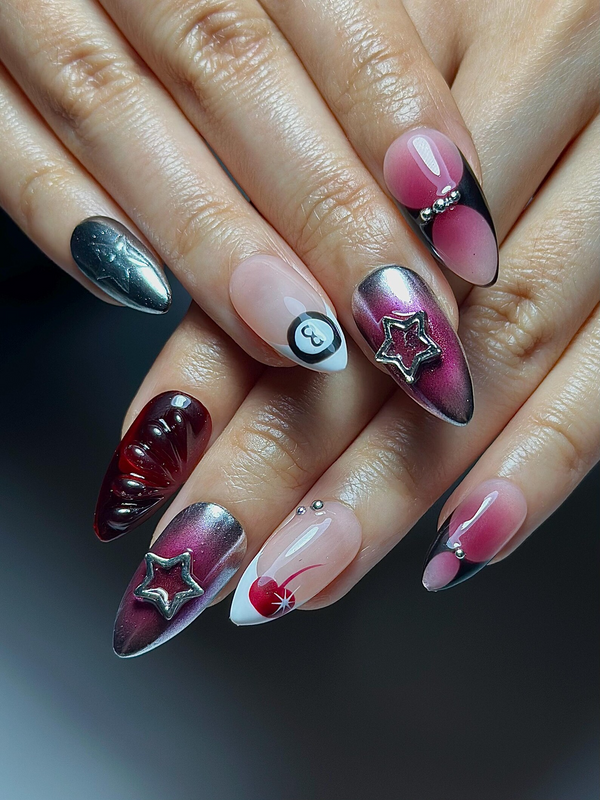 Y2K Chrome Star Press On Nails | Burgundy Gradient Stiletto Nails | Retro Heart Nail Art | Metallic Nails | Handmade Press Ons | HC1302HC