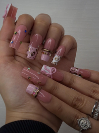 Blush Pink Leopard Press On Nails for Luxury Nail Lovers | Nude Pink Nails with 3D Bow Accent| Leopard French Tips with Gold Detail| JB288HC