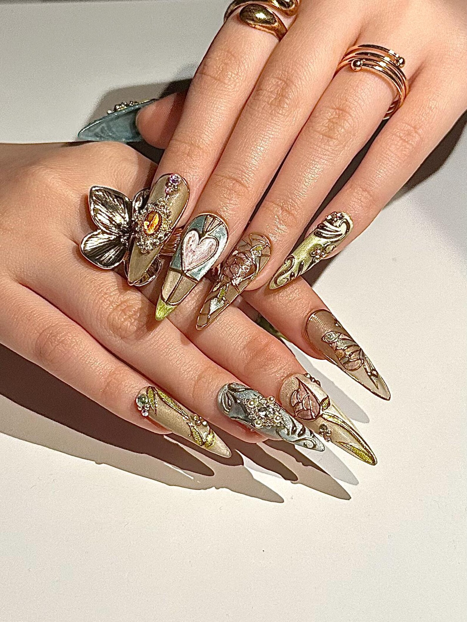 Baroque Stained Glass Press On Nails | Vintage Luxury Heart Nails | Handmade Victorian Aesthetic Nails | Handmade Stiletto Press Ons|JB311HC