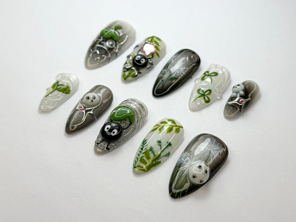 Whimsical Forest Totoro Press-On Nails | Totoro-Inspired Handmade Nailss | Totoro & Soot Spirit Nail Design | Handmade Fantasy Nail |JB719HC