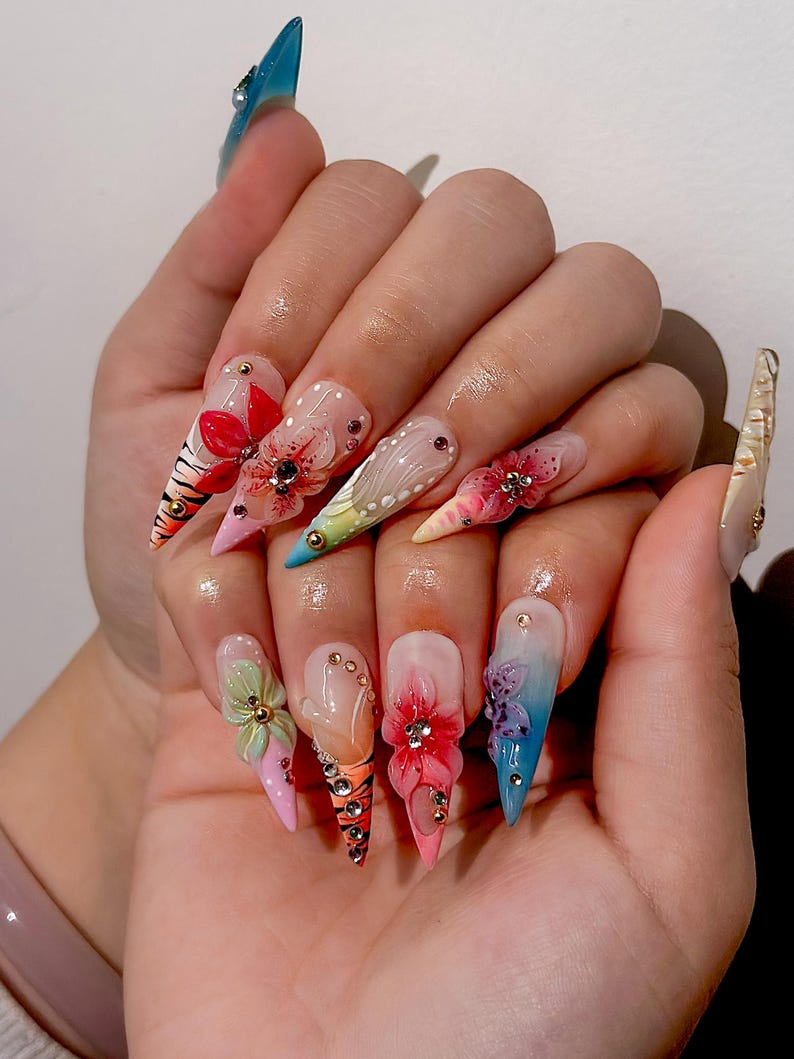 Spring Blossom Fantasy Press On Nails | Colorful Floral Spring Nails | Pastel Garden Stiletto Nails | Fresh Spring Bloom Art Nails |DB1011EC