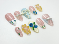 Lace French Tip Press On Nails | Blueberry Floral Nails | Kawaii Vintage Ribbon Nail Art | 3D Bow Pink Press Ons | Pastel Nails | JC886HC