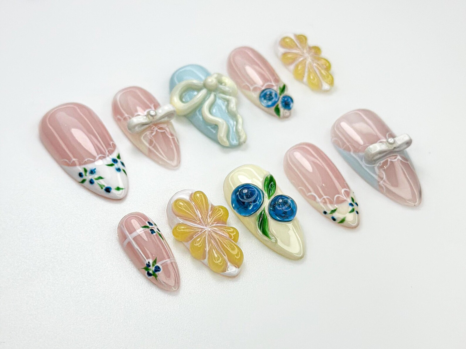 Lace French Tip Press On Nails | Blueberry Floral Nails | Kawaii Vintage Ribbon Nail Art | 3D Bow Pink Press Ons | Pastel Nails | JC886HC