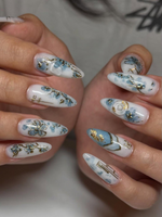 Blue Bloom Elegant Press On Nails | Chinese Luxury Floral Nails | Gold Wire Stiletto Nails | Clear Luxury Art Press Ons | JC299EC