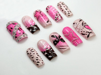 Pink Y2K Leopard Press On Nails | Rhinestone Star Design | Heart & Animal Print Nails | Bold Pink Chrome Nail Art| Trendy Y2K Nails |JC845HC