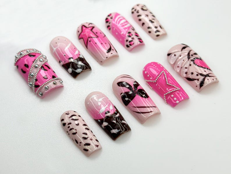 Pink Y2K Leopard Press On Nails | Rhinestone Star Design | Heart & Animal Print Nails | Bold Pink Chrome Nail Art| Trendy Y2K Nails |JC845HC