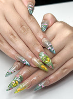 Zen Koi Pond Press On Nails | 3D Lotus Flower & Goldfish Art | Ethereal Ombre Shimmer Nails | Botanical Water Ripple Press Ons | JB361IC