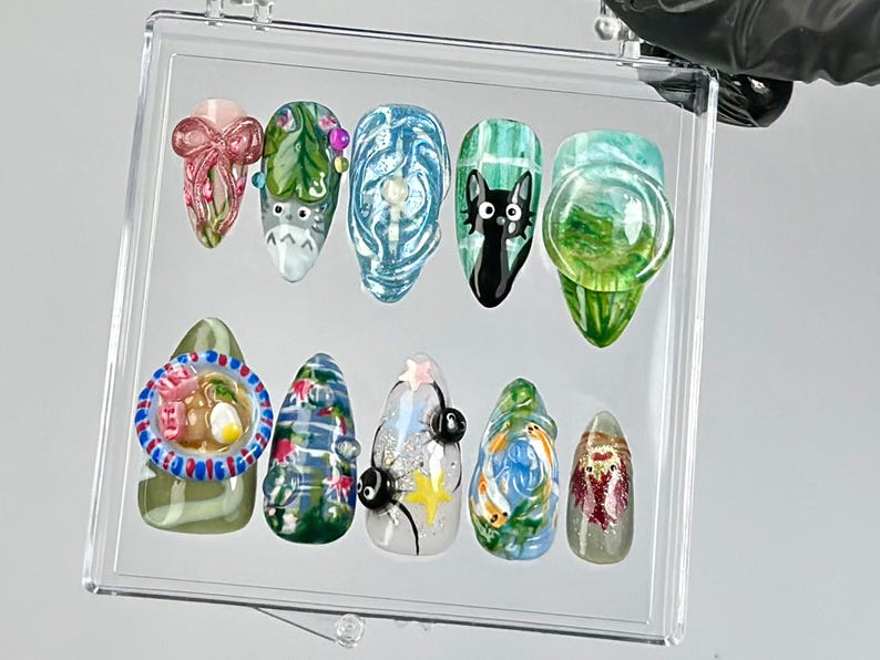 Animation-Inspired Press On Nails | Cute & Aesthetic Fake nails | Whimsical Forest Nail Art | Mystical 3D Press Ons | Kawaii Nails | HB786YC