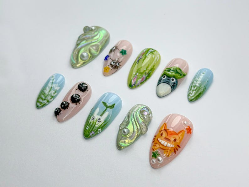 Whimsical Totoro Press On Nails | Ghibli Totoro & Friends Nail Set | Forest Spirit And Soot Sprite Set | Handmade Totoro Nail Art | JB742HC