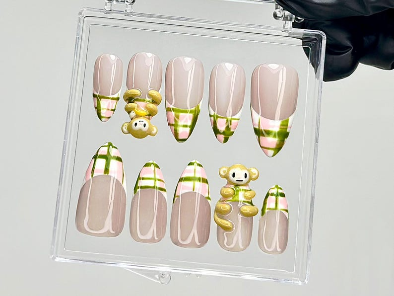 Kawaii Monkey Press On Nails | 3D Animal Fake Nails | Plaid & Monkey Nail Art | Pastel French Tips Press Ons | Kawaii Nails | HB908YC