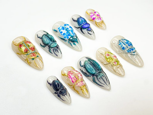 3D Beetle Press On Nails | Insect Art Nail Design | Vintage Bug Aesthetic Nails | Handmade Ceramic-Inspired Nail Set | Scarab Nails |JB875HC