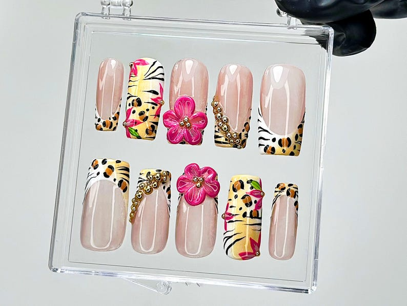 Leopard Floral Press On Nails | Pink Flower Cheetah French Tips Nail Art | Safari Press Ons | Animal Print Fake nails | Wild Animal |HB943YK