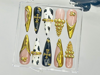 Black & Gold Luxury Press On Nails | Bold Cow Print Fake Nails | Golden Gothic Nail Art | Glam Cow Print, Cross Design Press Ons | HB919YK