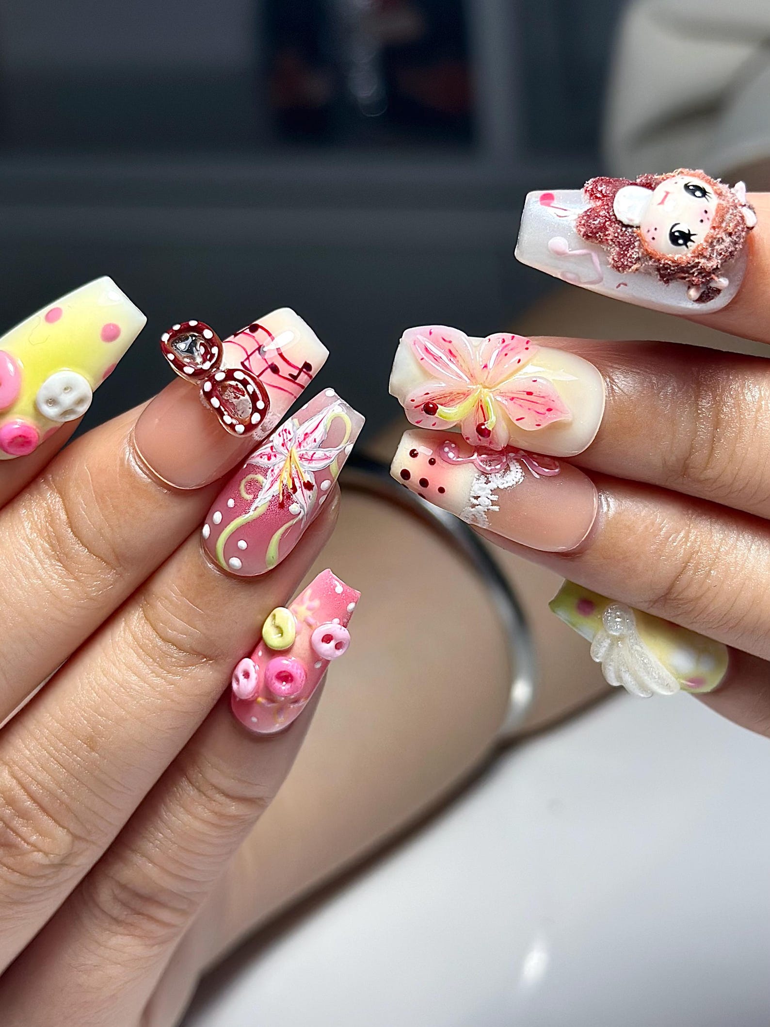Kawaii Pastel Cartoon Press On Nails | Cute 3D Character & Flower Nails | Pink Yellow Sweet Nail Art | Artistic Press Ons | JB335IK