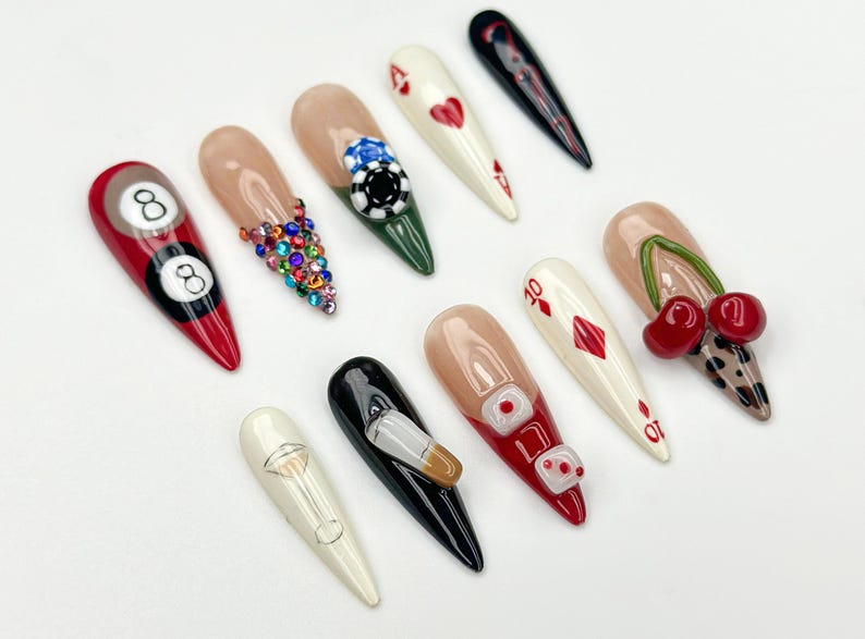 Casino Game Theme Press On Nails | 3D Poker Dice & Martini Nails | Vegas Party Press Ons | Bold Handmade Nail| Vegas Nightlife Nail | JB960H