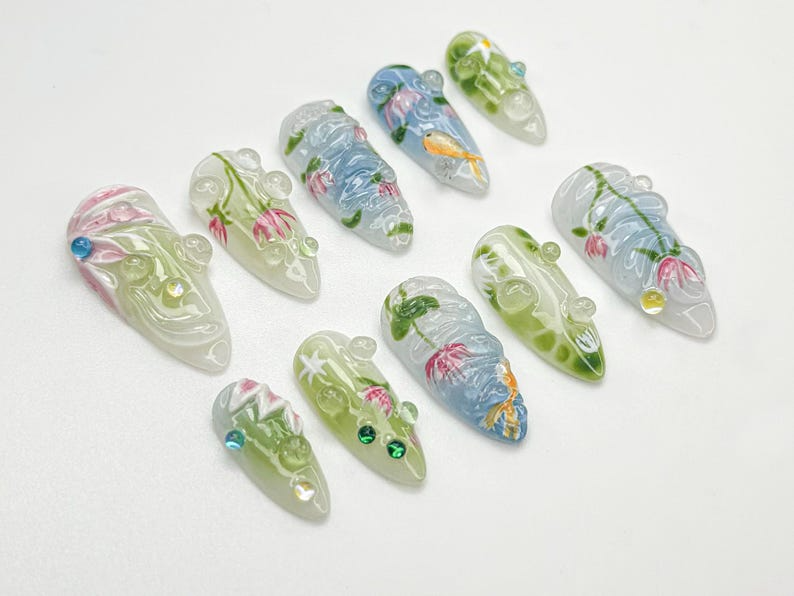 Water Garden Koi Press On Nails | Hand-Painted Koi Fish & Lotus Flowers | Zen Nature Art Nail Set | Calm Pond-Inspired Press Ons | JC798HC