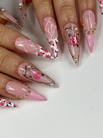 Pink Rose Press On Nails for Bridal | Handmade Rose Flower Nails with Pearls | Elegant Wedding Press Ons | Gold Frame Floral Nails | JB295HC