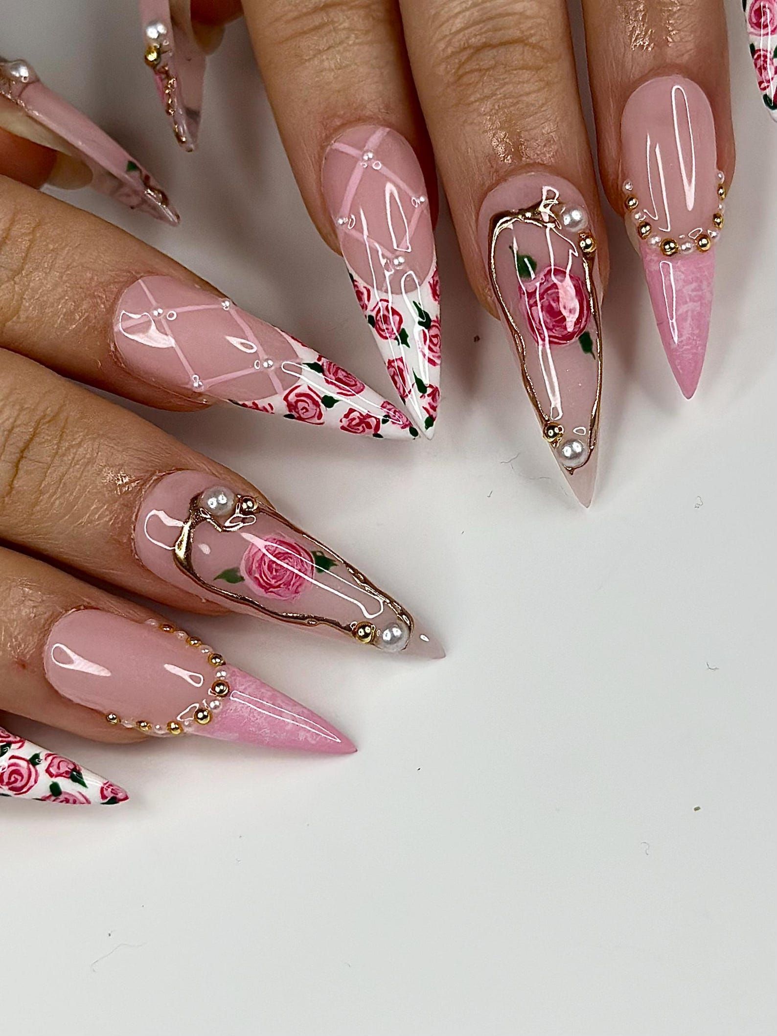 Pink Rose Press On Nails for Bridal | Handmade Rose Flower Nails with Pearls | Elegant Wedding Press Ons | Gold Frame Floral Nails | JB295HC