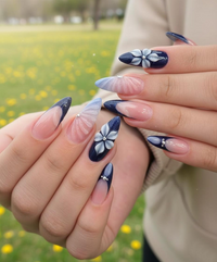 Midnight Blossom Spring Press On Nails | Navy Floral Ombr?? Nail Art | Luxury Floral Blue Nails Set | Elegant Blush Ombre Nails | HC1240EC