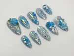 Iridescent Blue Garden Press On Nails | 3D Floral Glitter Nails | Elegant Blue Press On Nails | Handmade Romantic Bridal Set | JB774HC