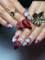 Burgundy Red Floral Press On Nails | 3D Wine Flower Nails | Dark Romantic Nail Art | Elegant Gradient Nails | Luxury Press Ons | JB324HK