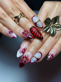 Burgundy Red Floral Press On Nails | 3D Wine Flower Nails | Dark Romantic Nail Art | Elegant Gradient Nails | Luxury Press Ons | JB324HK