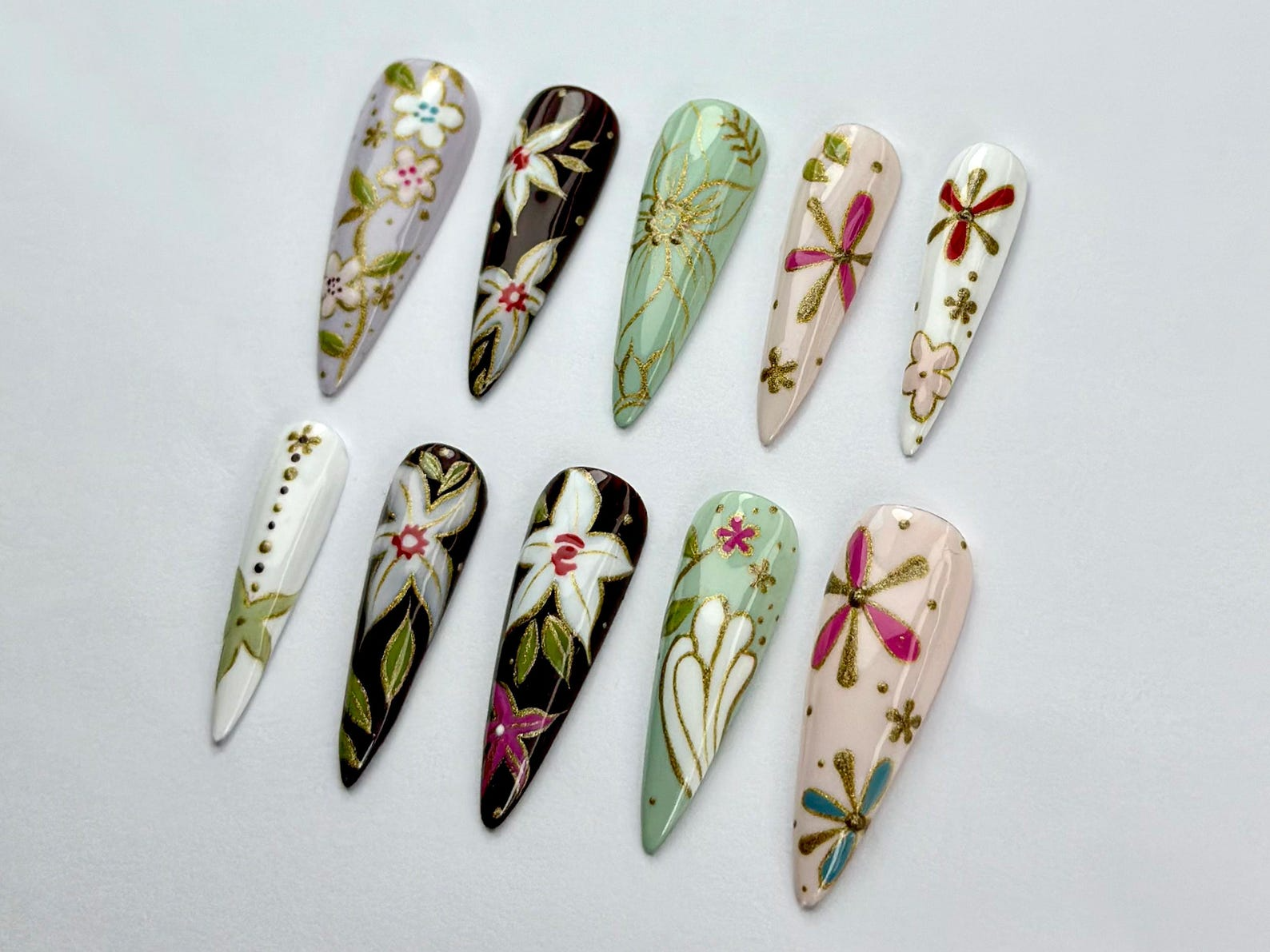 Oriental Floral Press On Nails | Floral Dragonfly Nail Art | Vintage Painted Flower Fake Nails | Inspired by Asian Jewelry | JB739YK