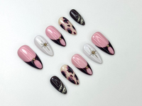 Pink Noir Star Press On Nails | Chic French Tip Nail Art | Leopard Accent Nails | Elegant Handmade Nail Set | JC1120BC