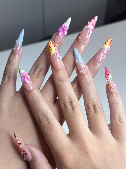 2026 Festival Trend: Hibiscus Tropical Nails | Sunset Glow Pink &Orange Ombre Nails|Flower Press Ons |Water Drop Summer Vacay Nails|JB364IC