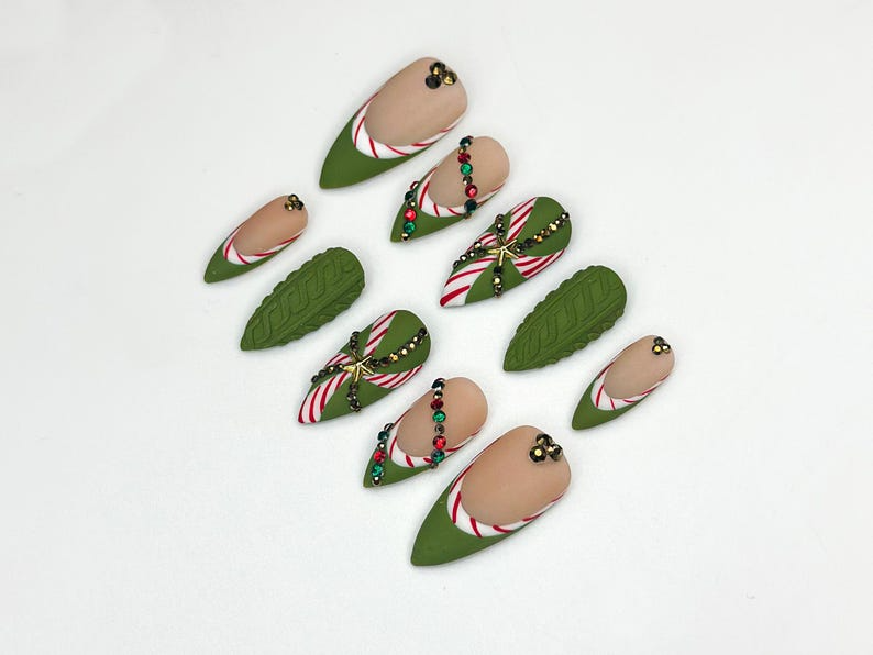 Christmas Press On Nails | Green Holiday Nails | Festive Long Nails | Christmas Gift | Party Nails| HB1189BC