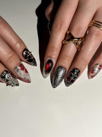 Gothic Rose Black Press On Nails | Dark Red Black Luxury Nail Art | Baroque Armor Stiletto Nails | Handmade Gothic Statement Nails| HB1286EC