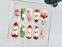 Cute Red Fruit Press On Nails | Kawaii Food Fake Nails | Glossy Custom Nail Art | Apple-Inspired Fake Nails | Kawaii Style Nails | HB858YC