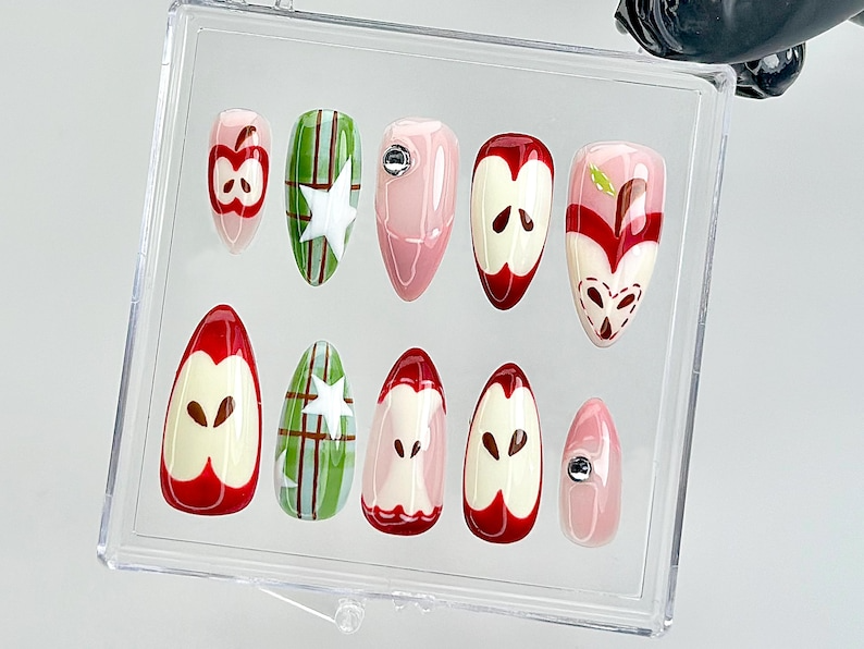 Cute Red Fruit Press On Nails | Kawaii Food Fake Nails | Glossy Custom Nail Art | Apple-Inspired Fake Nails | Kawaii Style Nails | HB858YC