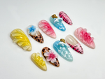 Hello Kitty Safari Press On Nails | Tropical Dolphin, Leopard Print Nails | 3D Kitty & Floral Summer Nails | Y2K Cute Vacation Nail | JB813H
