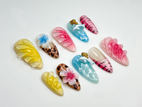Hello Kitty Safari Press On Nails | Tropical Dolphin, Leopard Print Nails | 3D Kitty & Floral Summer Nails | Y2K Cute Vacation Nail | JB813H