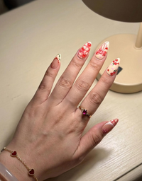 Press On Nails Adhesive Tabs ?M?Cherry Heart & Pink Ribbon Nude Press On Nails, Handmade Valentine Fake Nails Sweet Romantic Nail Art