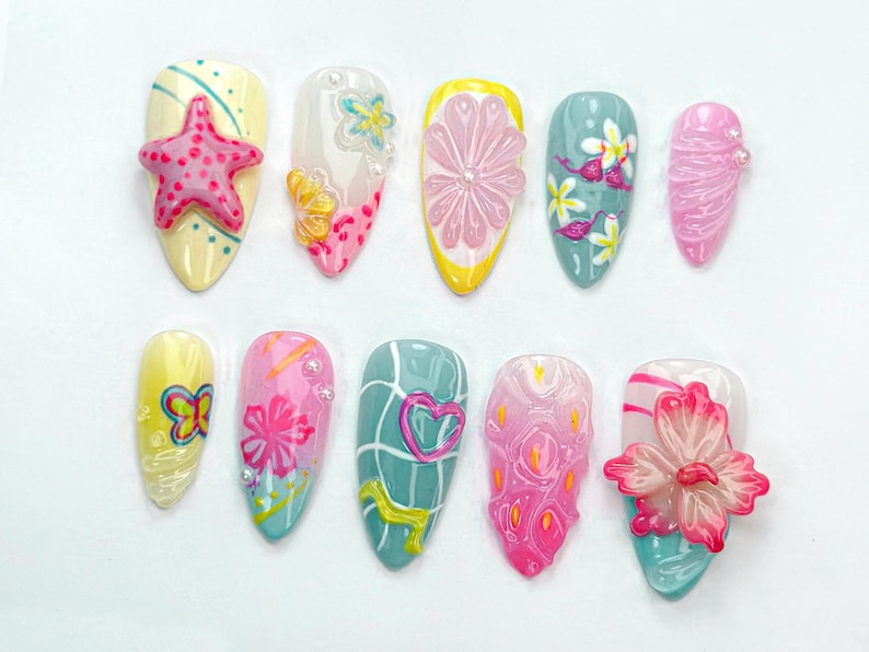 Tropical Summer Press-On Nails | Bright Pink & Yellow Nail Art | Summer Inspired Nail Design | Cute Beach Nail Set | Tropical Vibes |JB738HC