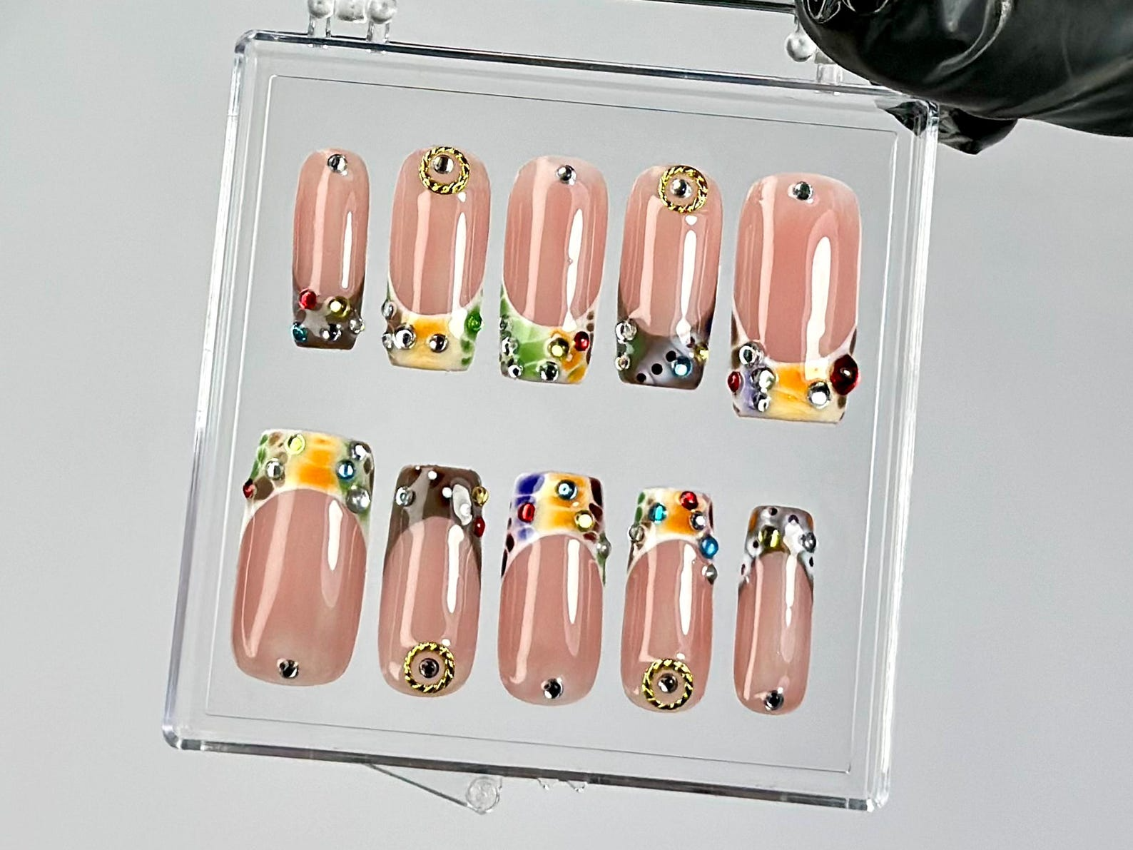 Glam Rhinestone Press On Nails by Dorynails | Nude & Colorful Gem Nail Set |Nude with Sparkle Gems Nail Art |French Tips Fake Nails|HC789YK
