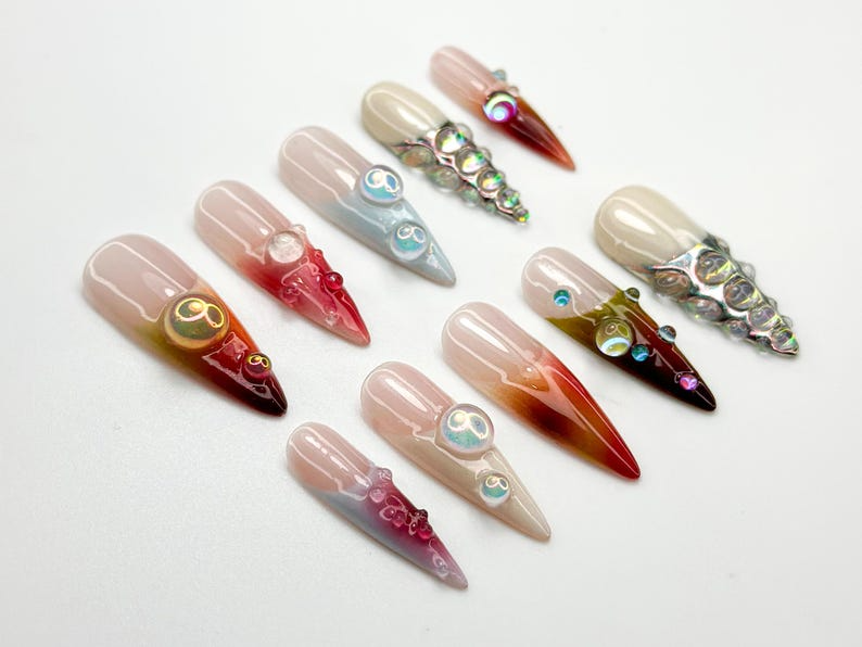 Iridescent Gradient Bubble Press On Nails | Glassy Chrome Pearl Accents | Color Fade Stiletto Nails | Chrome Bubble Nail Art | JC785HC