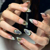 Nude Pink Press On Nails with Black Floral and Gold Charm | 3D Elegant Nails in Almond Shape | Handmade Nails for Party, Wedding | JC333NC
